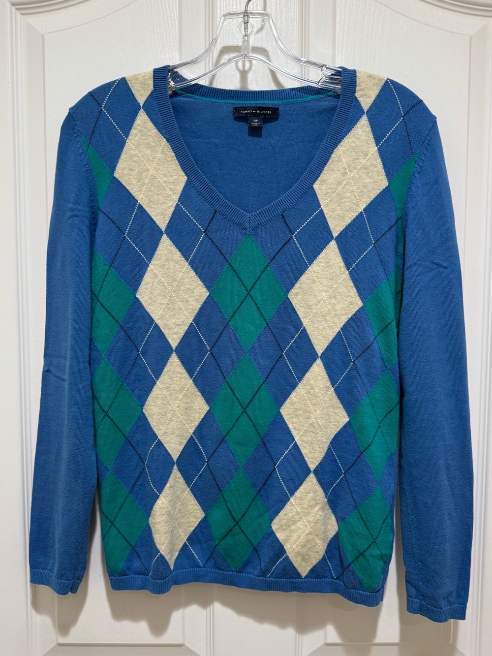 Tommy Hilfiger Blue Argyle 100% Cotton V-Neck Sweater Medium